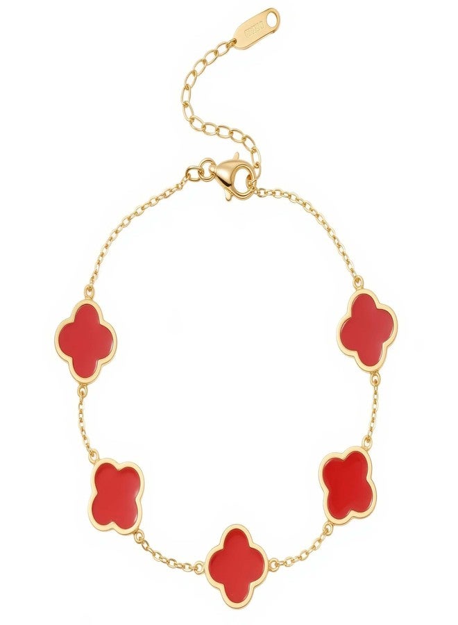 Chiorgone Four-Leaf Clover Bracelet for Women - 18K Gold Plated Titanium Steel Lucky Charm Adjustable Jewelry (Red) - Image 1